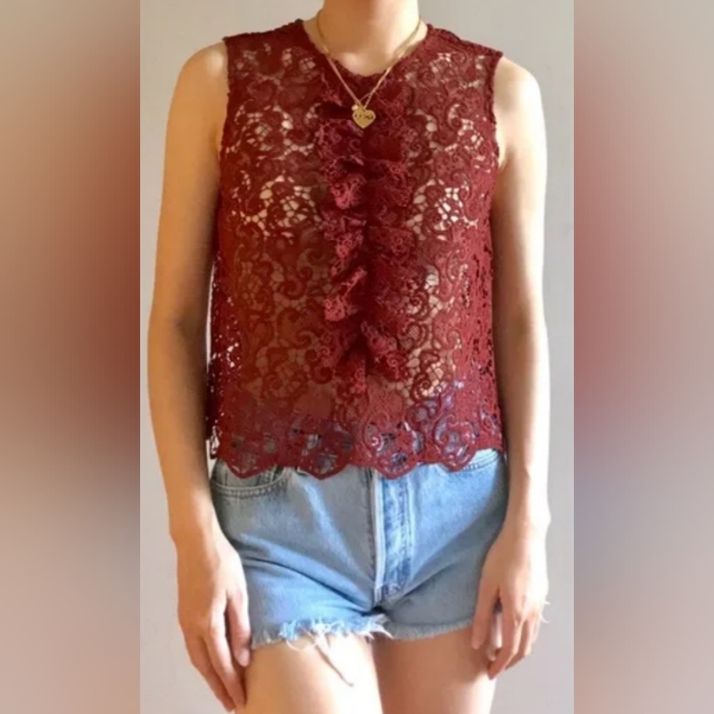 ZARA WOMAN Red sheer Lace sleeveless Boho Fairy Maroon Whimsigoth Top size M
